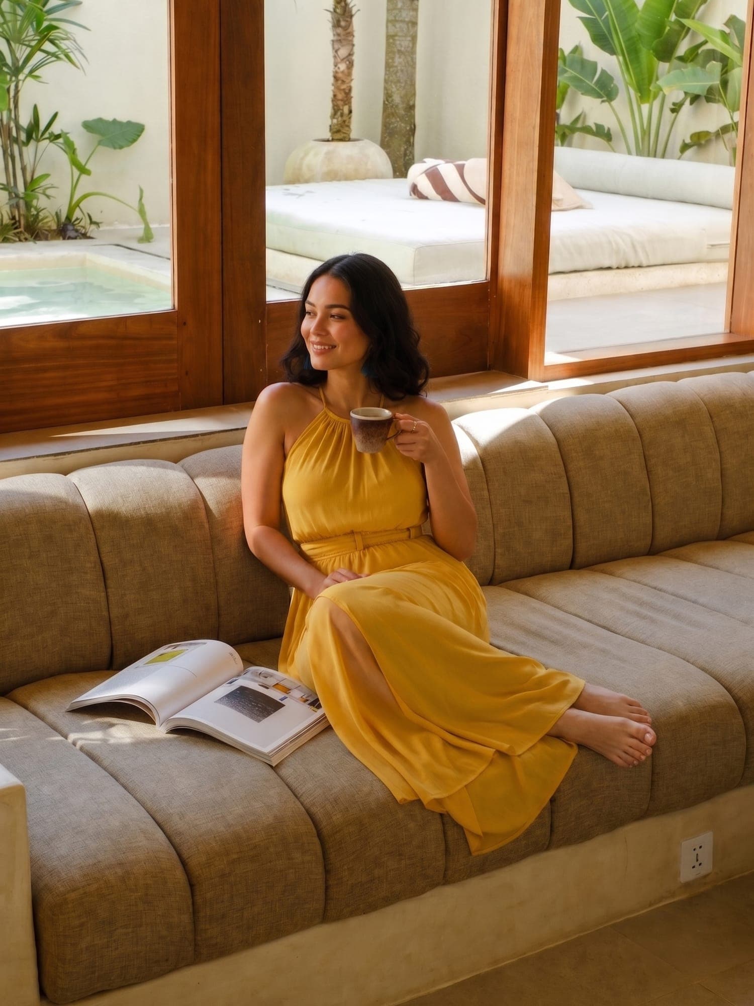 A guest reading on a sunlit daybed at Akela Villas